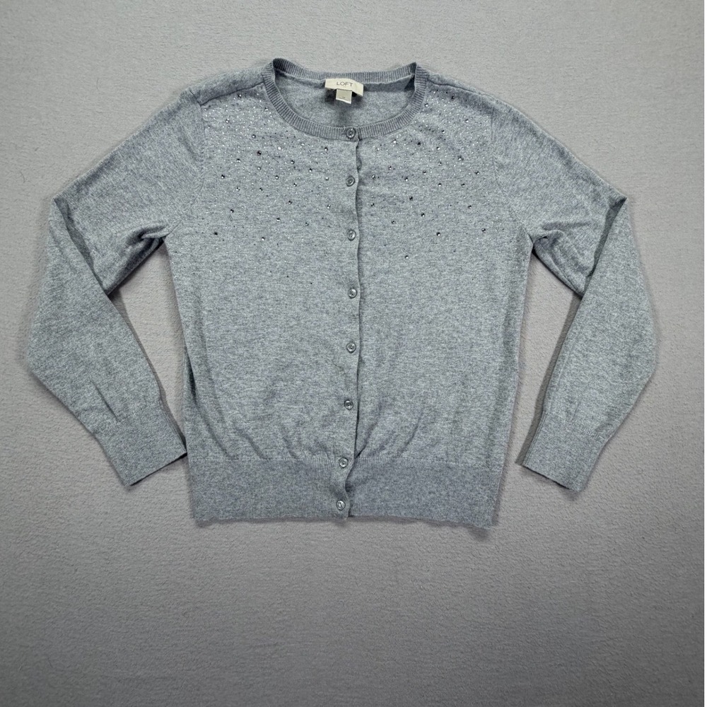Loft Women Cardigan Regular Gray Rhinestone Embellished Cotton M